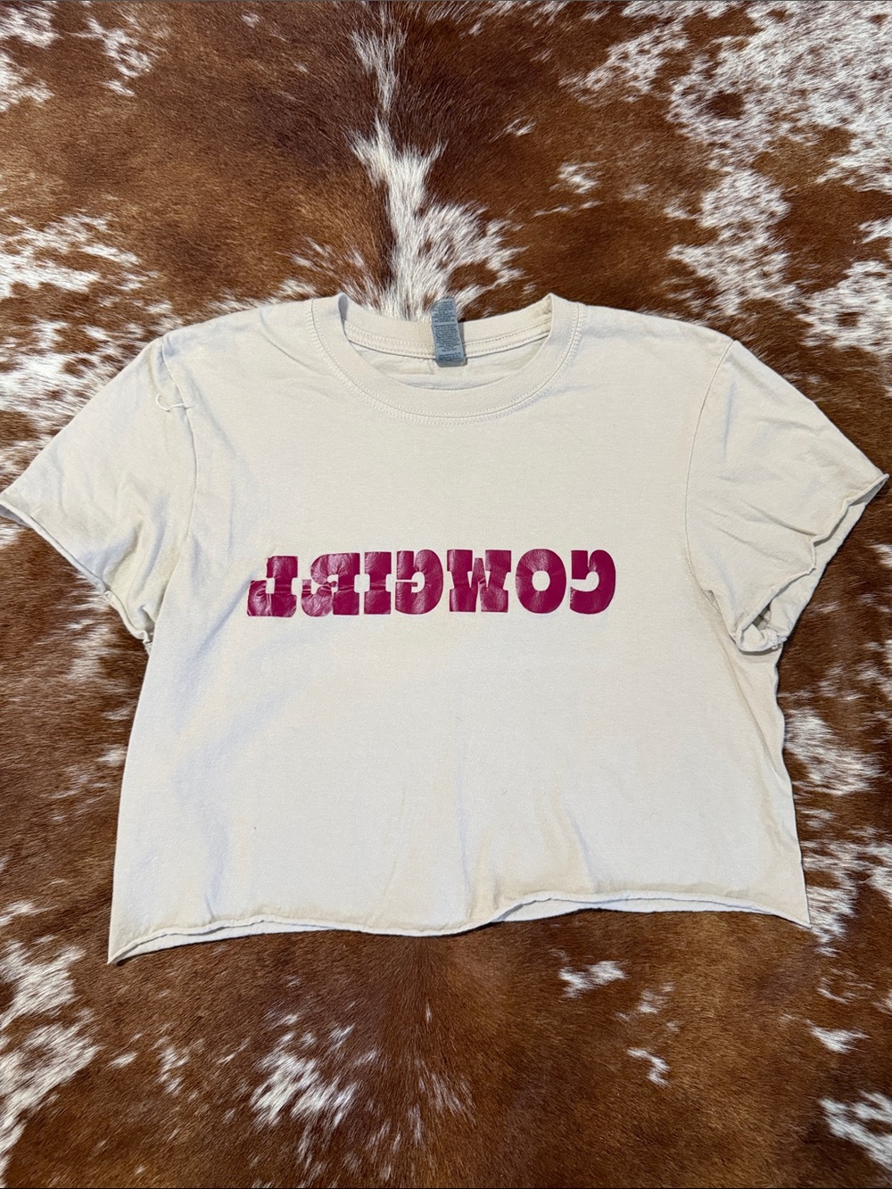 Gildan Cream Crop Tee with Magenta Cowgirl Graphic